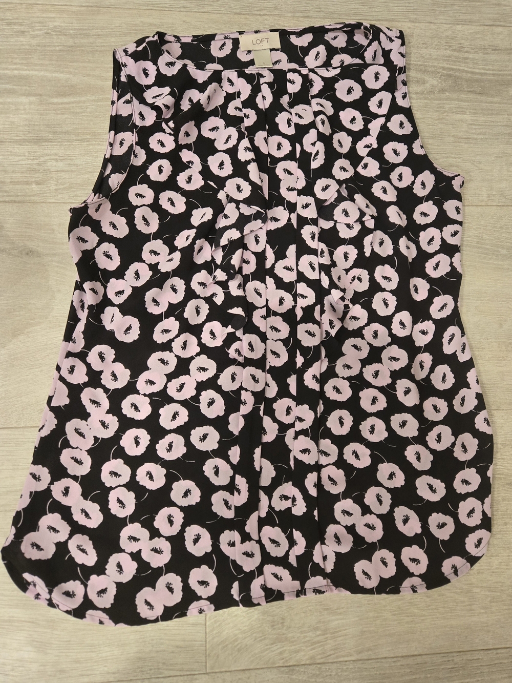 LOFT Black and Light Pink Floral Pleated Sleeveless Top